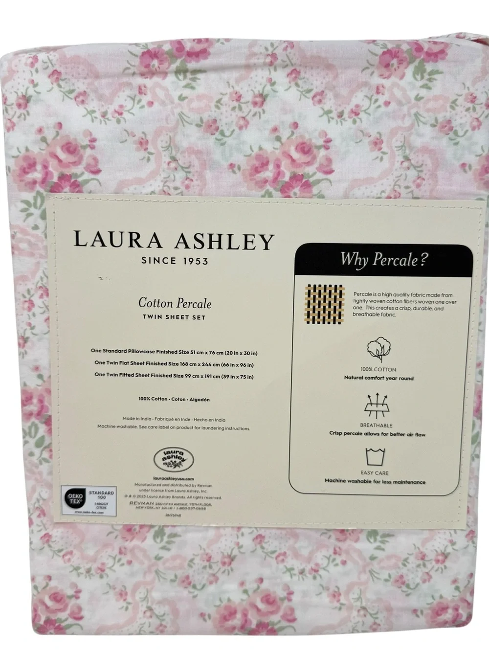 Laura Ashley Floral Ribbon and Bows Cotton Percale Sheet Twin Set NWT - Picture 2 of 6